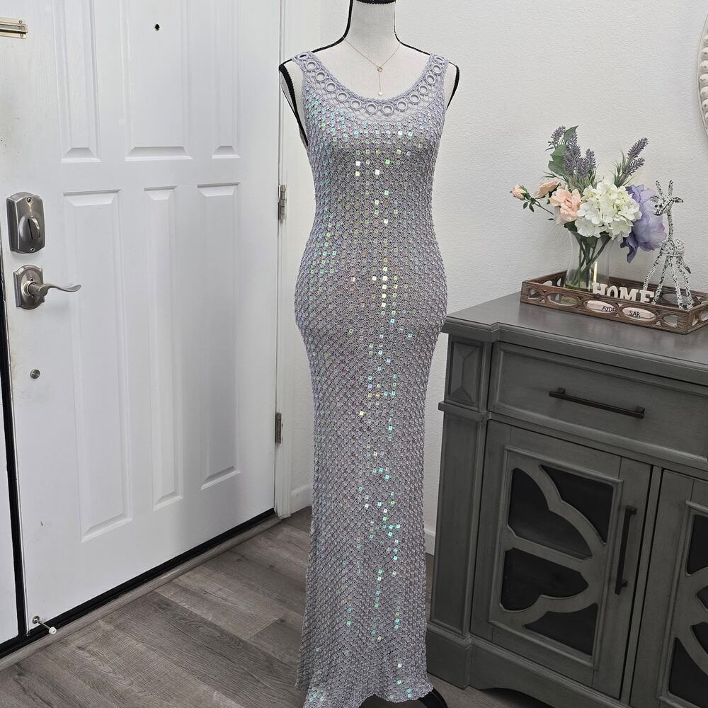 Women's Hand Crochet Sequin Sparkly Gown Shawl Silver S Formal Elegant DiscoLuxe